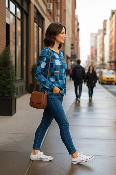 ARONA Mdb Women's Long Sleeve Zippered Neck Denim Look Patterned Long Modal Blouse