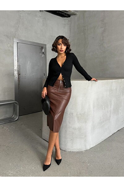 Ecenin Favorileri Fusta midi maro din piele artificială cu fantă