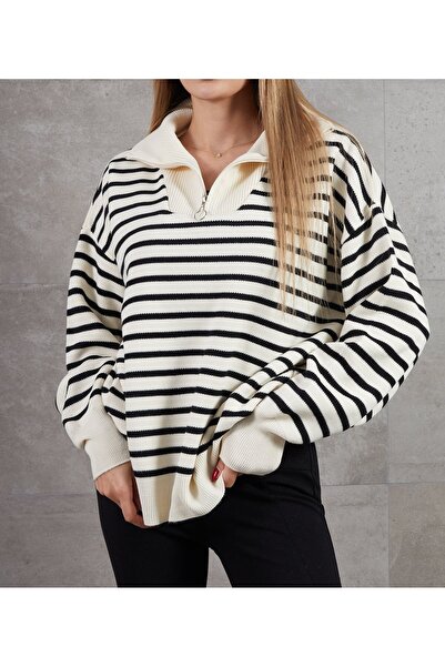 modazoom Turtleneck Zippered Striped Sweater