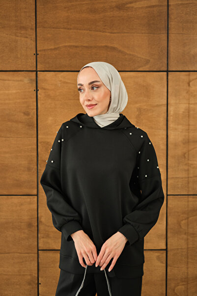 LOCCO Kadın Omuz Taş Detay Kapüşonlu Takım Siyah