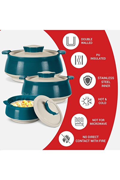 Milton Venice Insulated Stainless Steel Casserole Set of 3 (850ml, 1.35L, 1.85L) - Marble Green