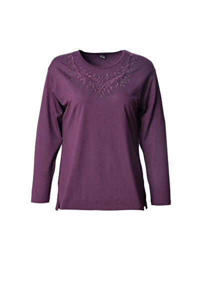 Trikolay Büyük Beden Kadın Yakası Taş Detaylı Uzun Kollu Penye Bluz