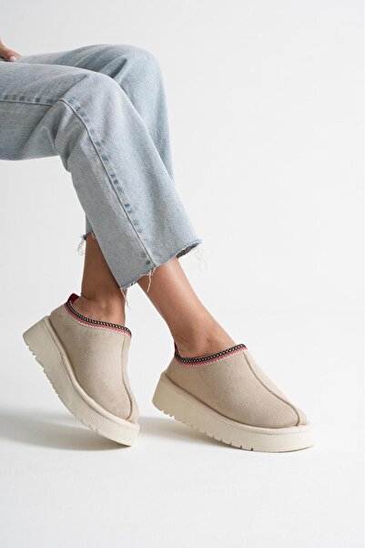 Adım Dünyası Women'S/Girl's Boots & House Slippers Beige Skin Thick Sole Tan Inside Furry Suede