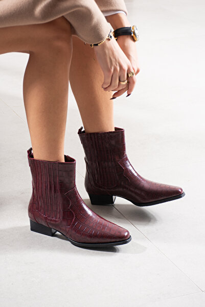 DESPİNA Kadın Kroko Desenli Kahverengi Kısa Topuklu Şık Bot – Western Modern Tarz