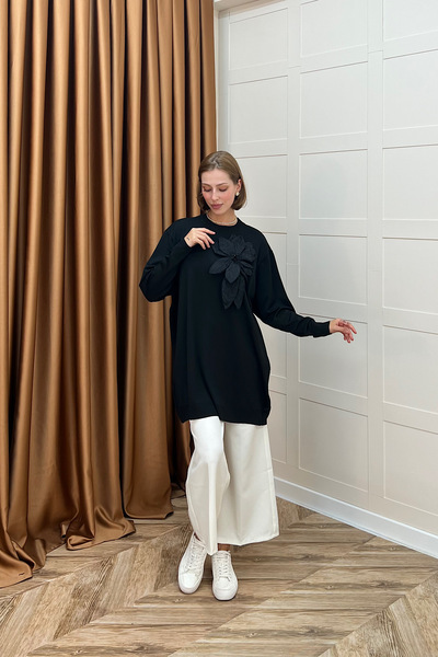 Stilife Мерсеризирана туника с флорален принт, черна