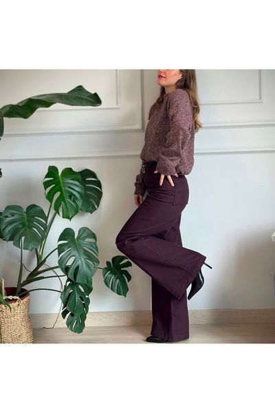 LUUN Mürdüm Rengi Bol Paça Şeritli Pantolon