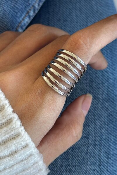 TAKIŞTIR خاتم فولاذي قابل للتعديل باللون الفضي