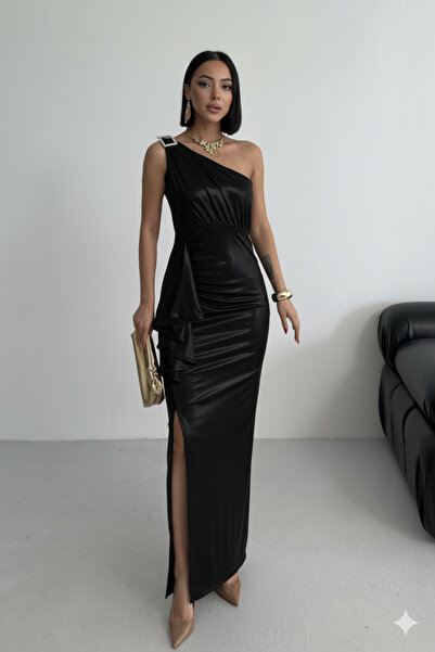 ALFUDO Moda Collection Women's Shoulder Accessory Flounce Slit Shiny Fabric Evening Dress Graduation Wedding Navy Blue Dress