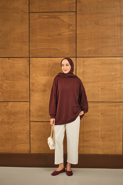 LOCCO Women's Stone Detail Tunic Burgundy