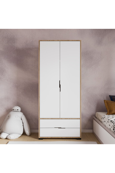 ALONEX HOME Royal 2 Kapaklı Çekmeceli Full Beyaz Gardırop, Elbise Dolabı, Çocuk Odası, Genç Odası