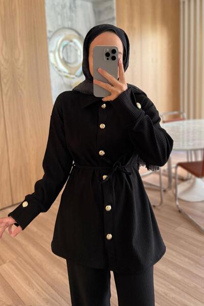 Ka Hijab κοτλέ Σετ με Χρυσά Κουμπιά - Μαύρο