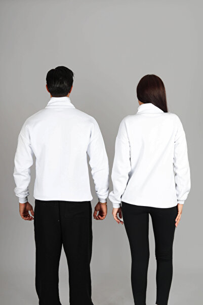 Jooy Love Baskılı Yarım Fermuarlı Sweatshirt Sevgili Çift Kombini Beyaz 2'li Set