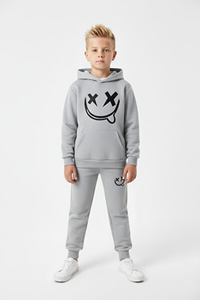 FYK KİDS 3 İplik Ş Fleece-Lined Winter Emoji Print Detailed Kangaroo Pocket K Hooded Boys' Tracksuit Set