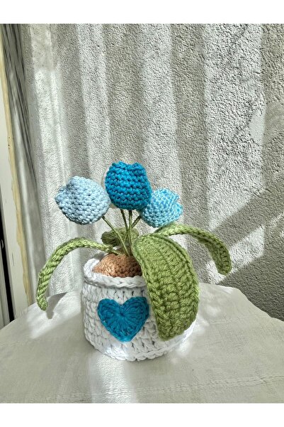 HENERA El Örgüsü Saksıda Lale / Yapay Çiçek / Sevgililer Günü / Hediyelik /Doğum Günü/Öğretmenler Günü