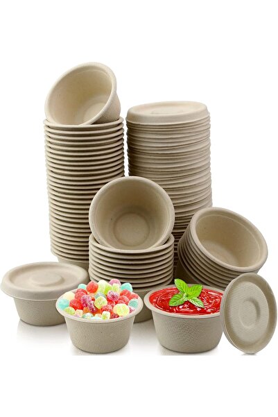 Generic Disposable Sugarcane Fiber Sauce Cups with Lids, 50 pcs (2 oz) - Off-White, Terevi