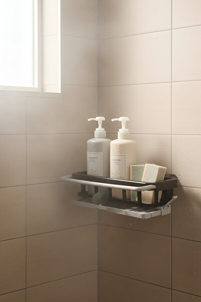 ZURİ DESİGN Bathroom Shelf for Shower – Waterproof Adhesive Black - Gray Organizer - (Shipping with Adhesive)