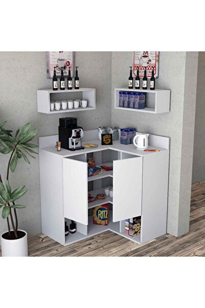 Stylish Home White Corner Coffee Corner with Modern Shelves - RC05