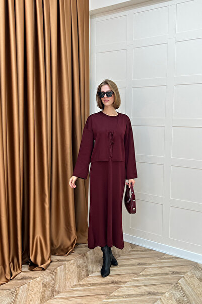 Stilife Ester Croplu İkili Triko Elbise Bordo