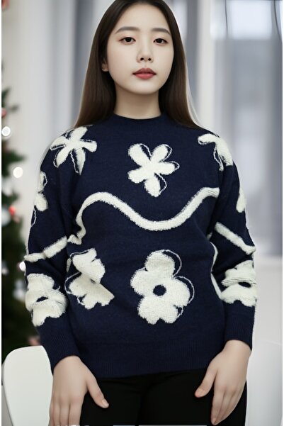 OEM Pulover bleumarin pentru femei cu imprimeu floral alb, design modern, mărime unică