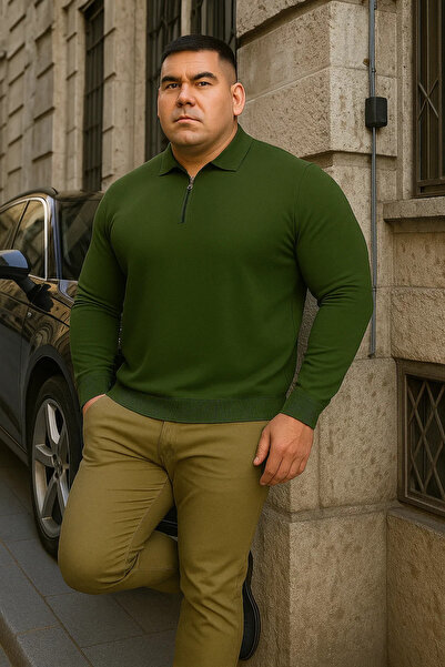 Maccali Men's Basic Plus Size Khaki Zippered Sweatshirt