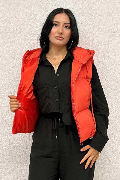 MİSSKAYLE Hood Detailed Puffer Vest Orange