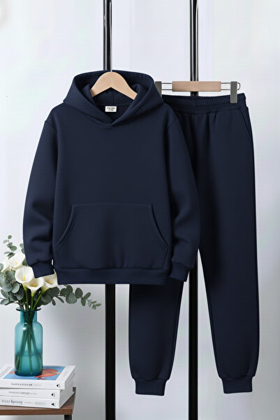 FYK KİDS 3 Thread Ş επένδυση fleece Χοντρό ίσιο χωρίς στάμπα με τσέπη καγκουρό K με κουκούλα Σετ αθλητικής φόρμας για αγόρια 4 τεμαχίων