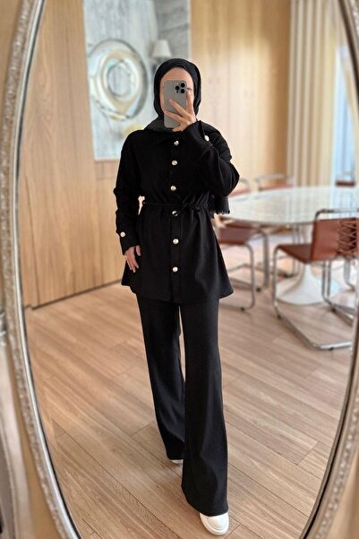 Ka Hijab Corded Fabric Sets with Gold Button Detail - Black