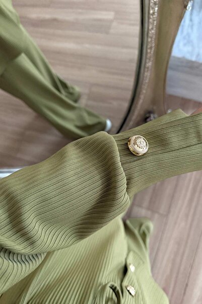 Ka Hijab Corded Fabric Sets with Gold Button Detail - Oil Green