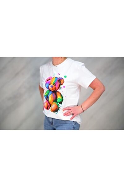 OEM White T-shirt with multicolor artistic bear print, cotton-polyester, size S-M