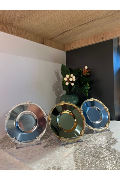 zaTen Pazar 6 Adet Gül Şerit Desenli Metal Çay Tabağı