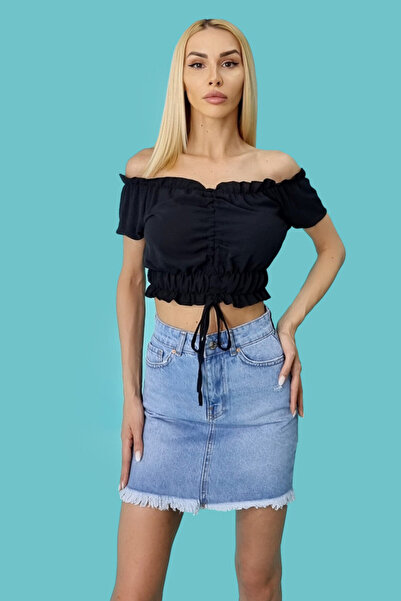 FashionForYou Rebeca women's shirt, off the shoulder with short sleeves, Black, M