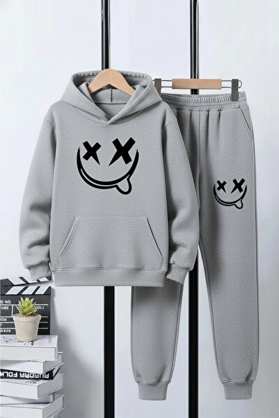 FYK KİDS 3 İplik Ş Fleece-Lined Winter Emoji Print Detailed Kangaroo Pocket K Hooded Boys' Tracksuit Set