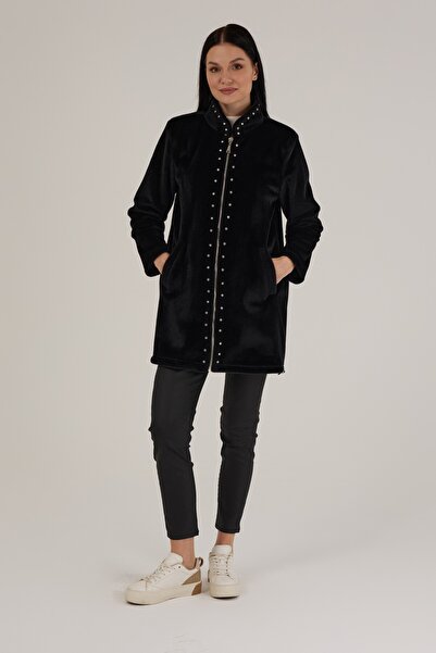 Jupe فرو الكشمير المزود بسحاب وتفاصيل الحجر للنساء 9274