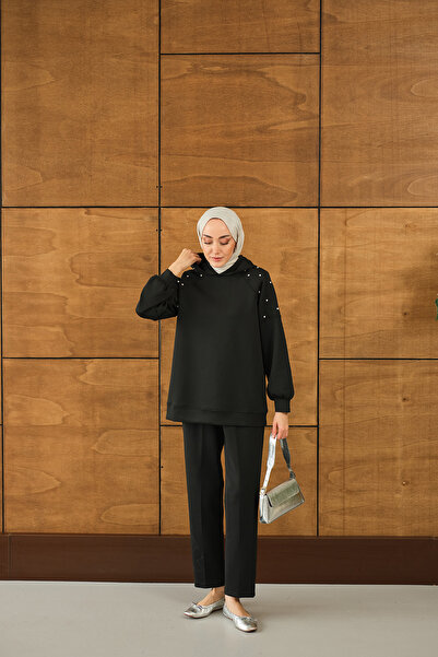 LOCCO Kadın Omuz Taş Detay Kapüşonlu Takım Siyah