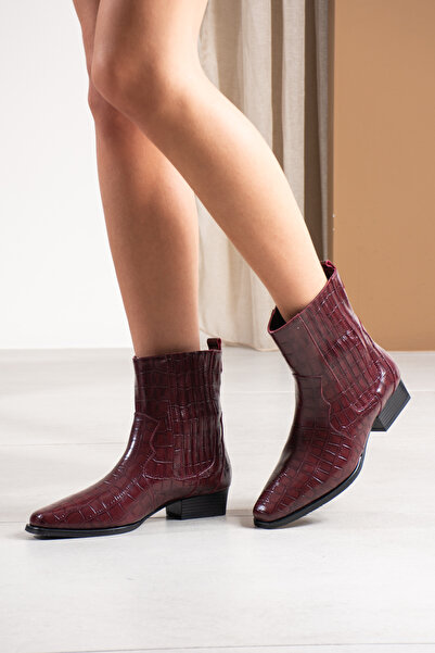 DESPİNA Kadın Kroko Desenli Kahverengi Kısa Topuklu Şık Bot – Western Modern Tarz