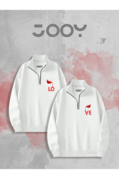 Jooy Love Baskılı Yarım Fermuarlı Sweatshirt Sevgili Çift Kombini Beyaz 2'li Set