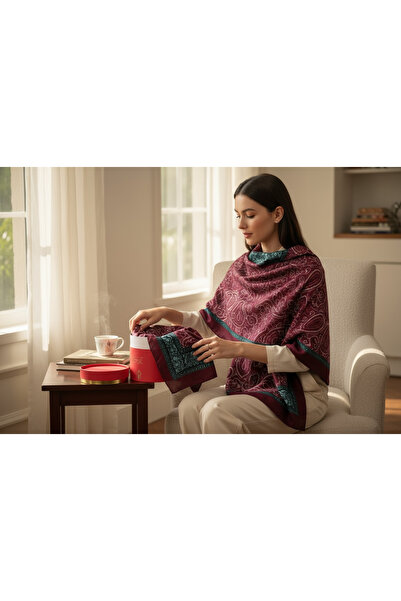 Işıldayan Kutular Colorful Patterned Shawl Burgundy Color - Comes with Gift Box