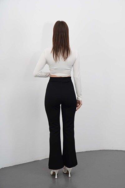 makarimato Women's Crepe Fabric Lycra Front Crocheted Flare Leg Palazzo Trousers