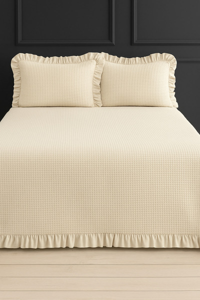 POMELO HOME Tek Kişilik Petek Dokulu %100 Pamuk Fırfırlı Yatak Örtüsü Takımı | Ekru Waffle Cotton Set