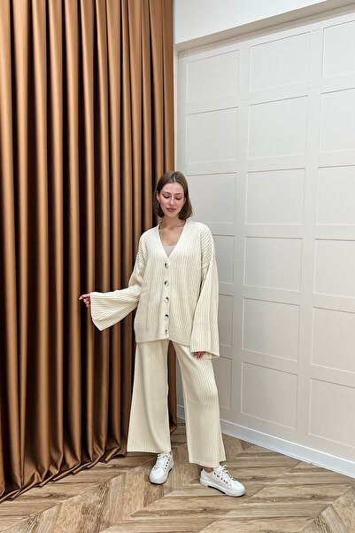 Stilife Κρέμα Σετ Πλεκτών Ζακέτας Galata κοτλέ