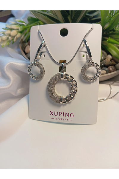 XUPING JEWELRY طقم أقراط وقلادة بتفاصيل حجر الزركون الفضي