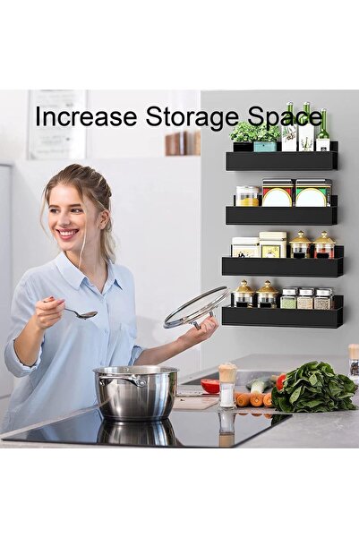 MACVI ® 4 Magnetic Kitchen Shelves, spice organizer with 4 hooks, metal, black, 5 kg capacity