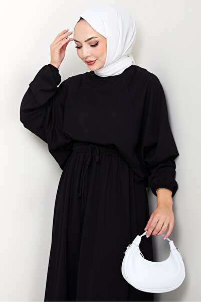 Bestenur Evsan Tunic Skirt Two-Piece Set 1650 - Black