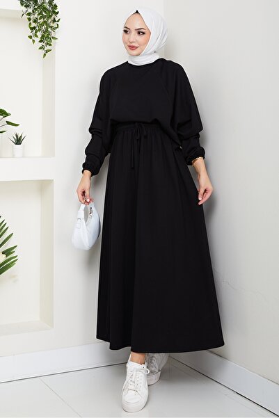 Bestenur Evsan Tunic Skirt Two-Piece Set 1650 - Black