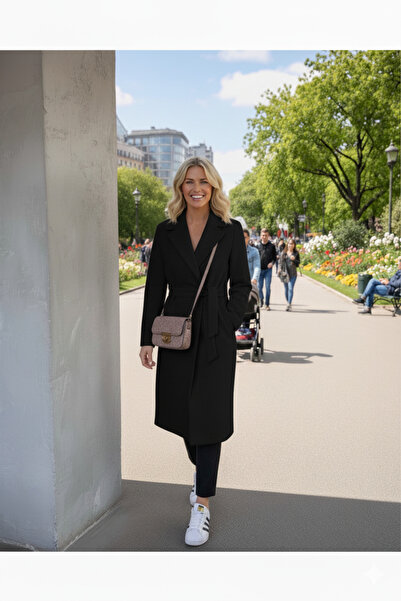 LİMABEL Mlssa Coat Black Belted Pocketed Long Cashmere Winter Women's Coat-1