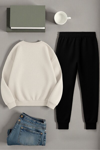 uyguntarz Unisex Ribbon Design Printed Crew Neck Sweatshirt 2-Piece Tracksuit Set