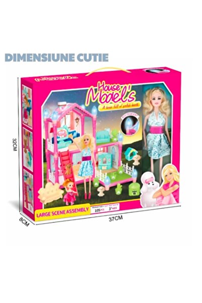 MACVI Dollhouse with light effects, MACVI, 105 pieces, 2 dolls included, light pink