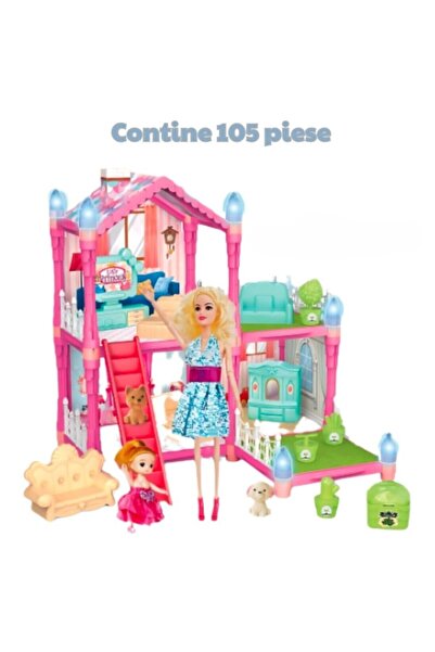 MACVI Dollhouse with light effects, MACVI, 105 pieces, 2 dolls included, light pink