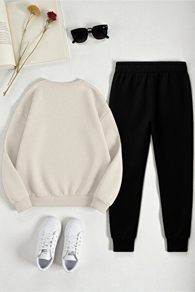 uyguntarz Unisex Ribbon Design Printed Crew Neck Sweatshirt 2-Piece Tracksuit Set