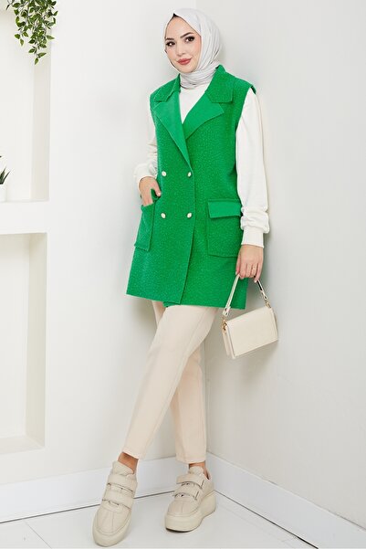Bestenur Buttoned Vest with Flap Pocket 1649 - Green